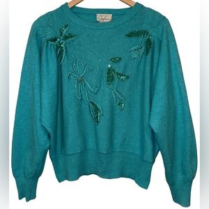 Stephanie Vintage 1980s Lambswool Angora Dolman Sleeve Sweater Turquoise Sequin